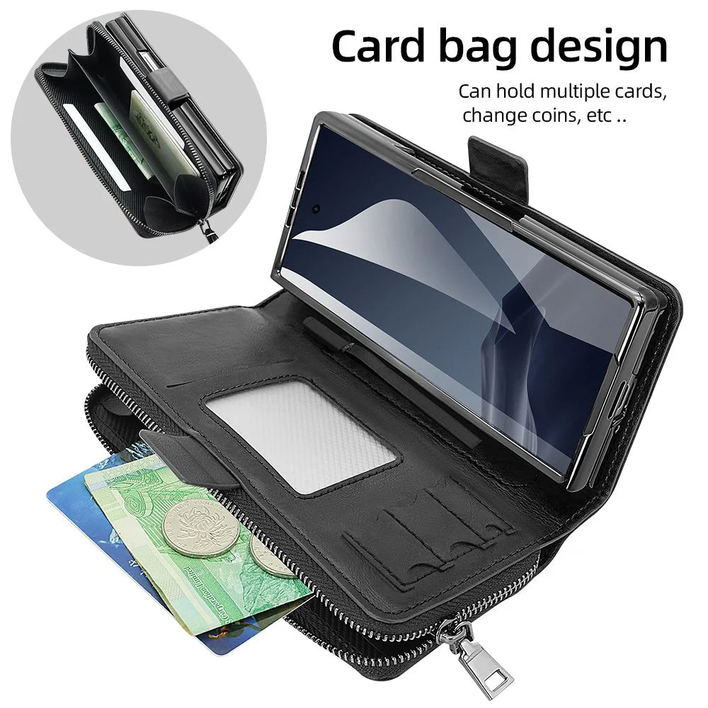 For Samsung Galaxy Z Fold5 5G Case Zipper Pocket Leather Phone Cover with Screen Protector / Stylus Pen - Black - 3