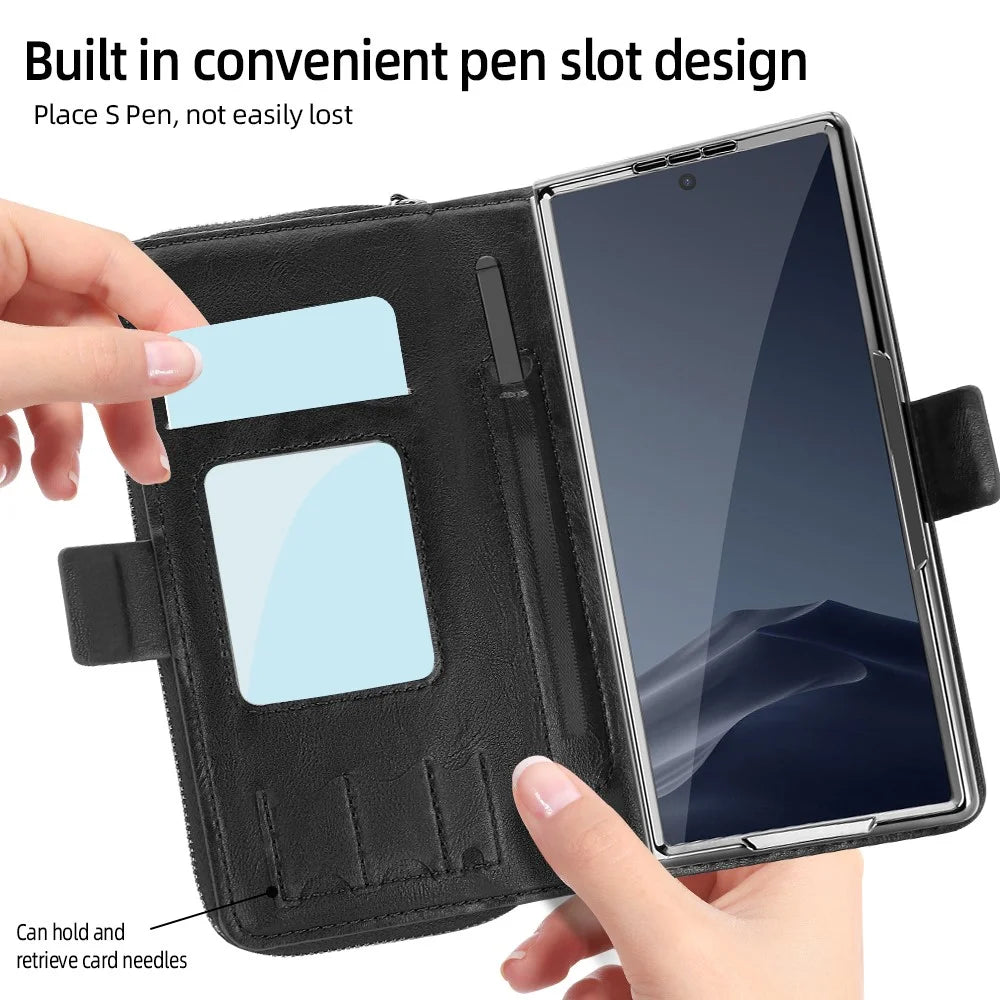 For Samsung Galaxy Z Fold5 5G Case Zipper Pocket Leather Phone Cover with Screen Protector / Stylus Pen - Black - 7
