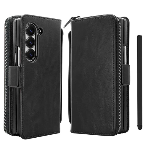 For Samsung Galaxy Z Fold6 5G Case Zipper Pocket Leather Phone Cover with Screen Protector / Stylus Pen - Black - 1