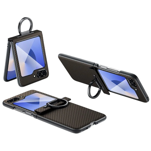 SULADA For Samsung Galaxy Z Flip6 5G Case with Ring Kickstand Magnetic Closure Leather PC Phone Cover Carbon Fiber Texture - Black - Brown - 1