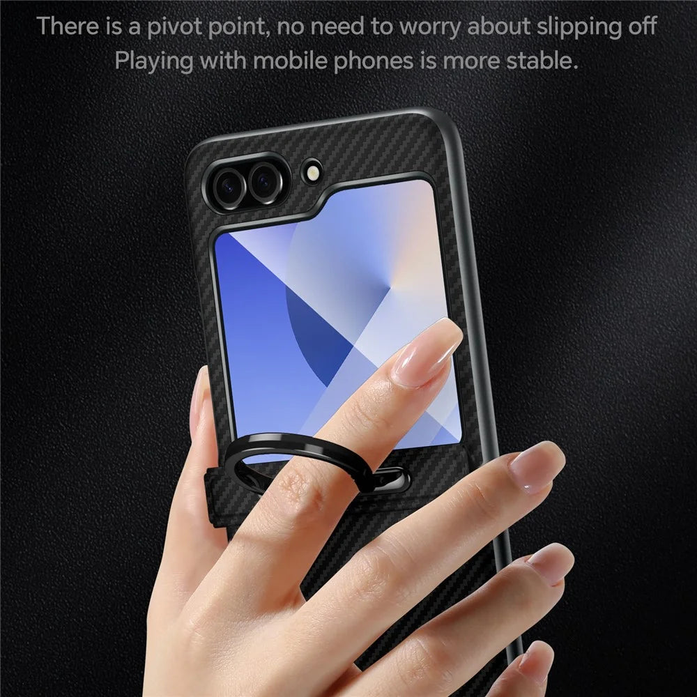 SULADA For Samsung Galaxy Z Flip6 5G Case with Ring Kickstand Magnetic Closure Leather PC Phone Cover Carbon Fiber Texture - Black - Brown - 3