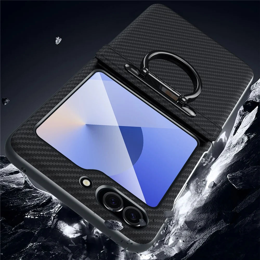 SULADA For Samsung Galaxy Z Flip6 5G Case with Ring Kickstand Magnetic Closure Leather PC Phone Cover Carbon Fiber Texture - Black - Brown - 6