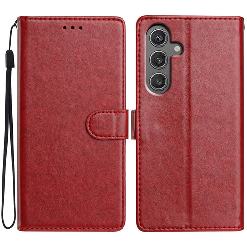 For Samsung Galaxy S25 FE Leather Case Wallet Stand Phone Cover with Handy Strap - Red - 1