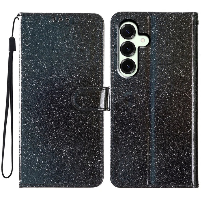 For Samsung Galaxy S25 FE Wallet Case Glitter Anti-Scratch Leather Stand Phone Cover with Strap - Black - 1