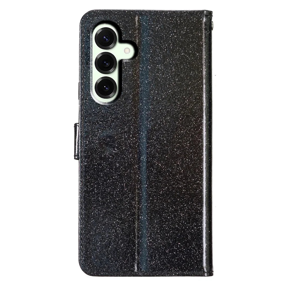 For Samsung Galaxy M36 5G Wallet Case Glitter Anti-Scratch Leather Stand Phone Cover with Strap - Black - 6