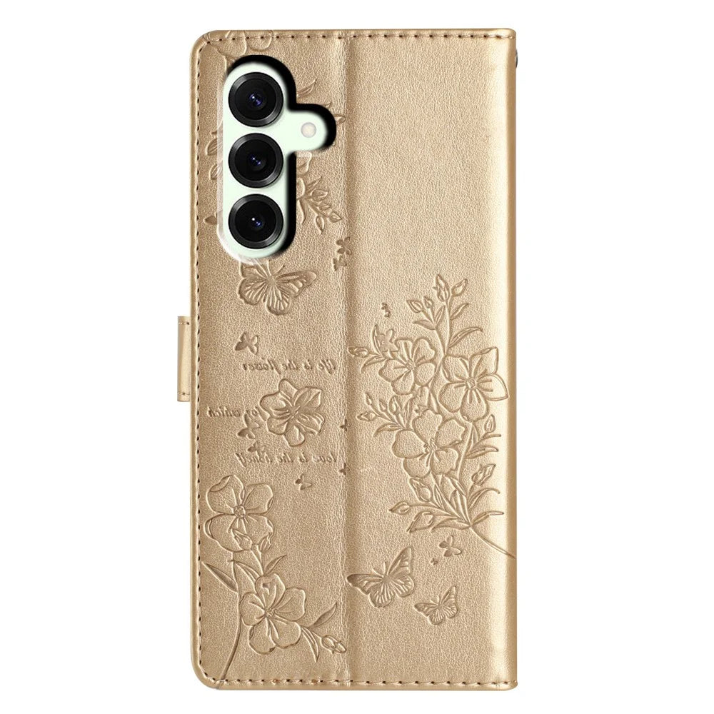 For Samsung Galaxy S25 FE Wallet Phone Case Butterfly Floral Imprint Leather Flip Cover with Strap - Gold - 7