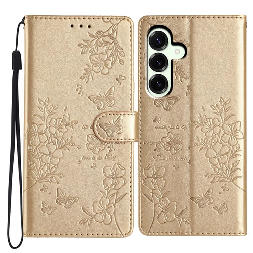 For Samsung Galaxy M36 5G Wallet Phone Case Butterfly Floral Imprint Leather Flip Cover with Strap - Gold - 1