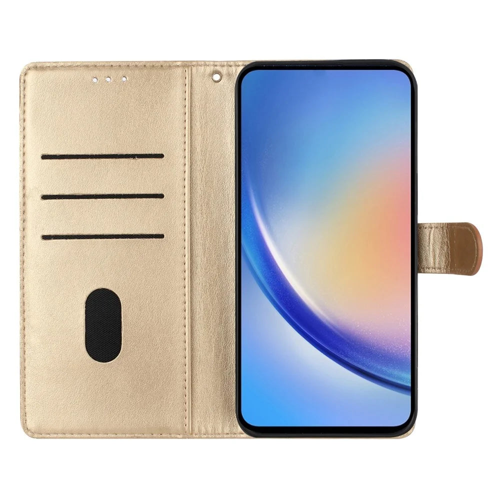 For Samsung Galaxy M36 5G Wallet Phone Case Butterfly Floral Imprint Leather Flip Cover with Strap - Gold - 2