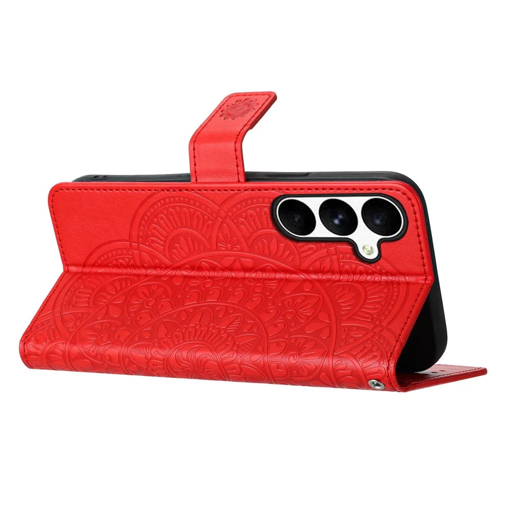 For Samsung Galaxy M36 5G Leather Case with Card Slots Mandala Pattern Phone Cover Stand - Red - 4