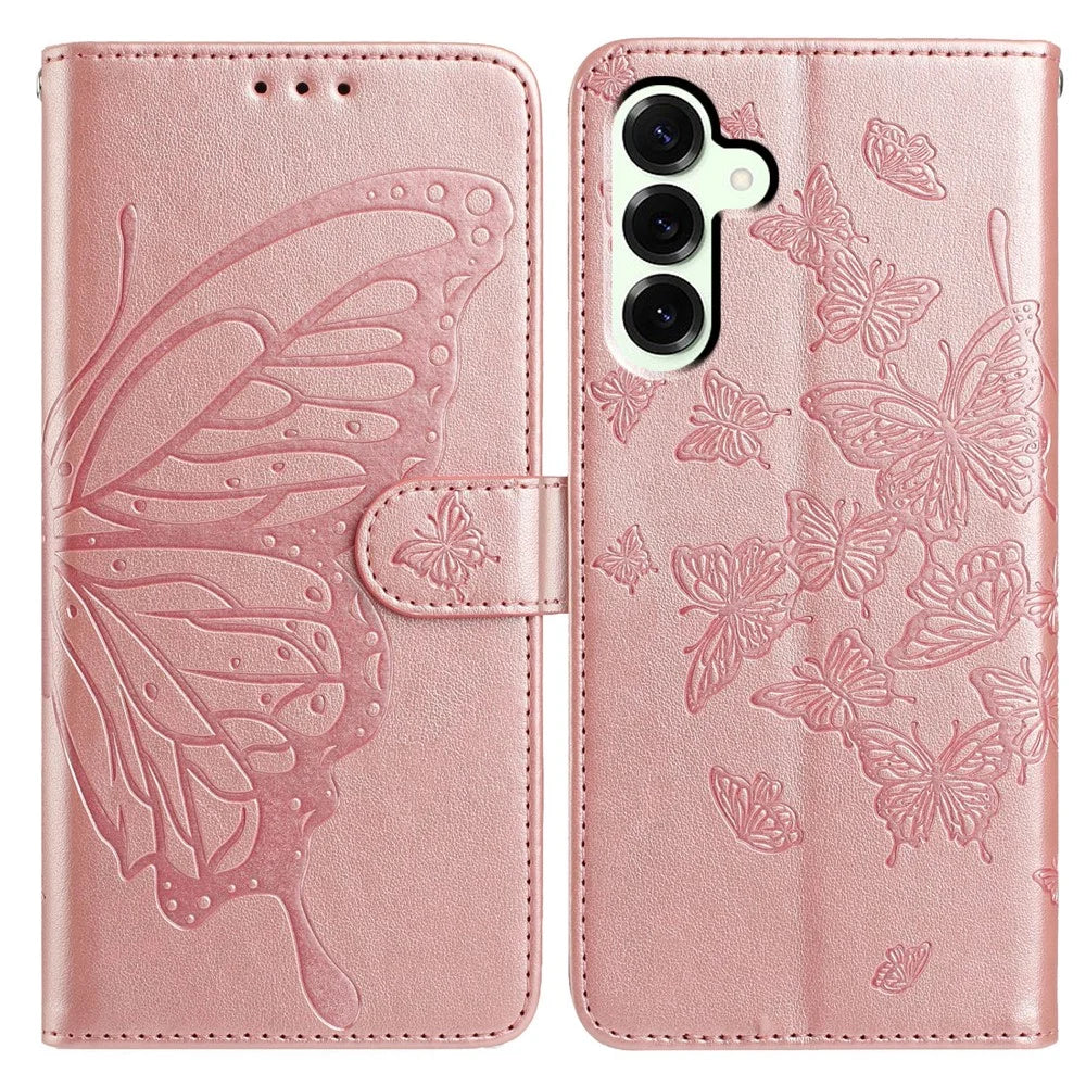 For Samsung Galaxy S25 FE Case Butterfly Imprinted Wallet Stand PU Leather Flip Phone Cover with Strap - Rose Gold - 1