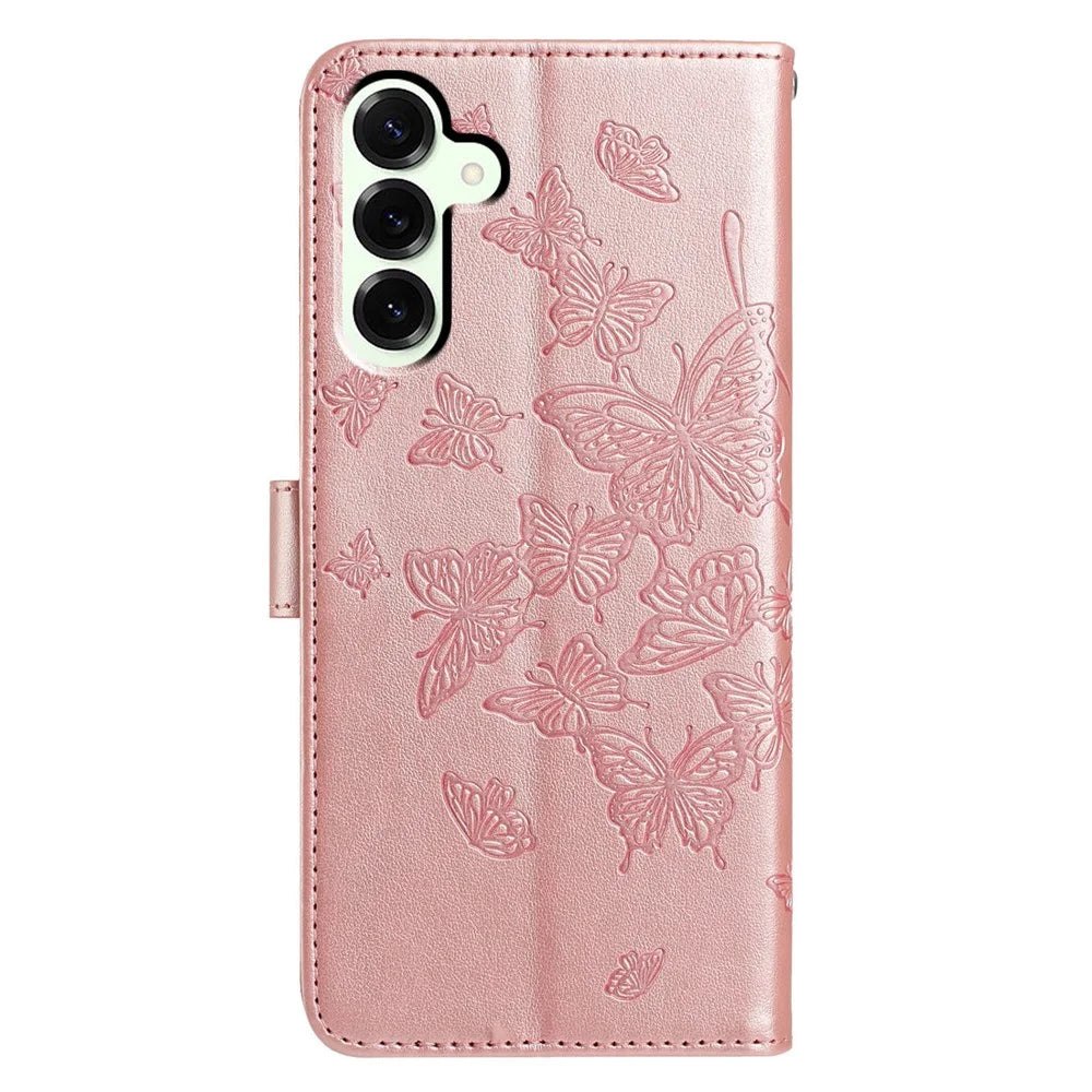 For Samsung Galaxy S25 FE Case Butterfly Imprinted Wallet Stand PU Leather Flip Phone Cover with Strap - Rose Gold - 5
