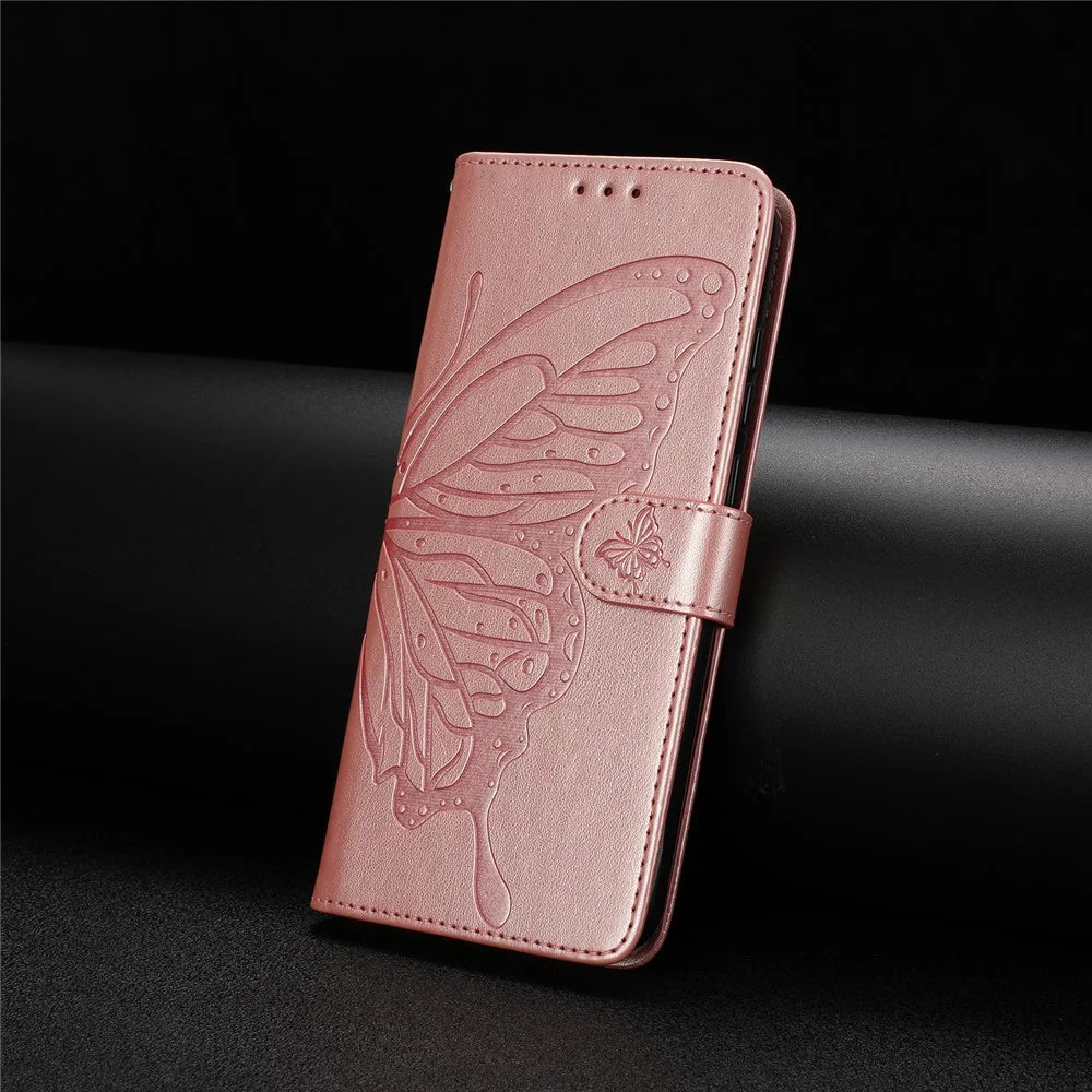 For Samsung Galaxy S25 FE Case Butterfly Imprinted Wallet Stand PU Leather Flip Phone Cover with Strap - Rose Gold - 6