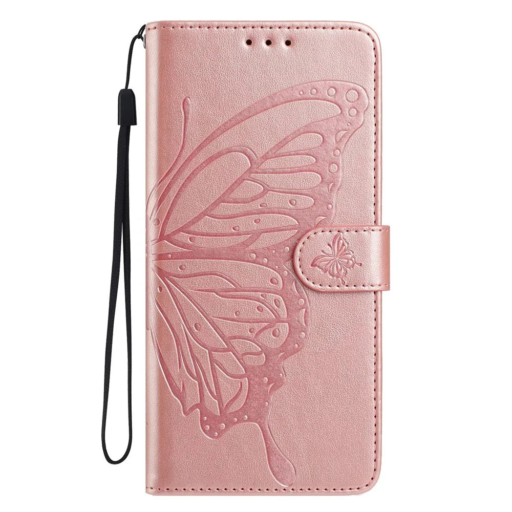 For Samsung Galaxy M36 5G Case Butterfly Imprinted Wallet Stand PU Leather Flip Phone Cover with Strap - Rose Gold - 4