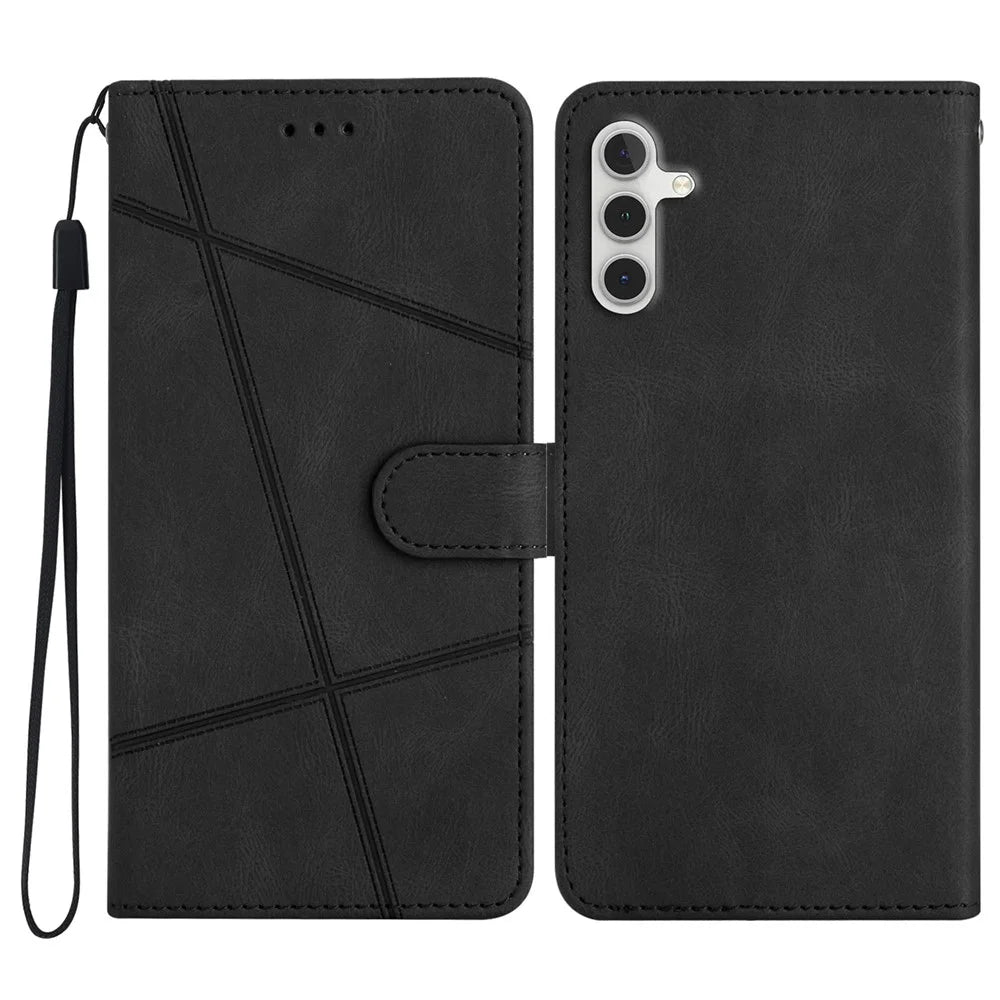 For Samsung Galaxy S25 FE Wallet Case Line Imprinted Skin-Touch Leather Flip Phone Cover - Black - 1