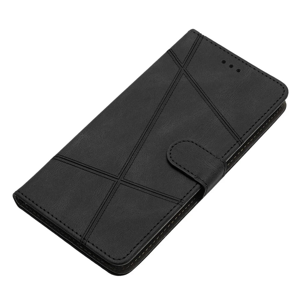 For Samsung Galaxy S25 FE Wallet Case Line Imprinted Skin-Touch Leather Flip Phone Cover - Black - 4