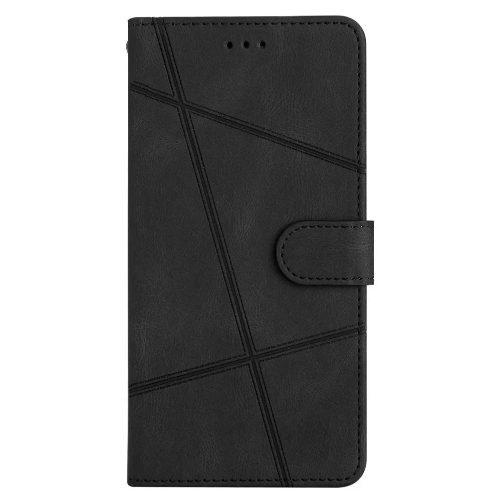 For Samsung Galaxy S25 FE Wallet Case Line Imprinted Skin-Touch Leather Flip Phone Cover - Black - 7