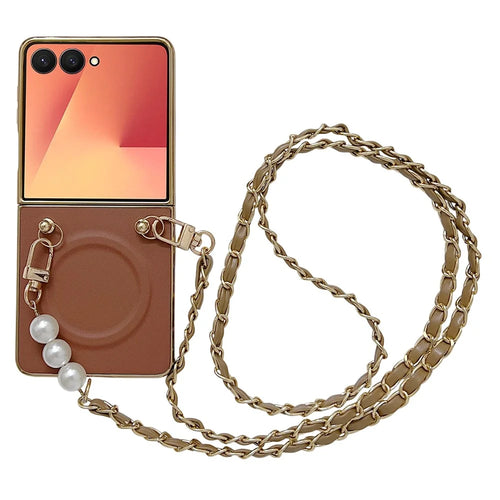 For Samsung Galaxy Z Flip7 5G Magnetic Case with Shoulder Strap Nappa Texture PU TPU PC Phone Back Cover - Brown - 1