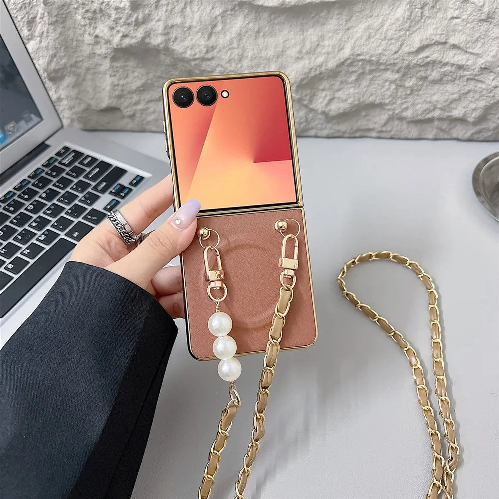 For Samsung Galaxy Z Flip7 5G Magnetic Case with Shoulder Strap Nappa Texture PU TPU PC Phone Back Cover - Brown - 2