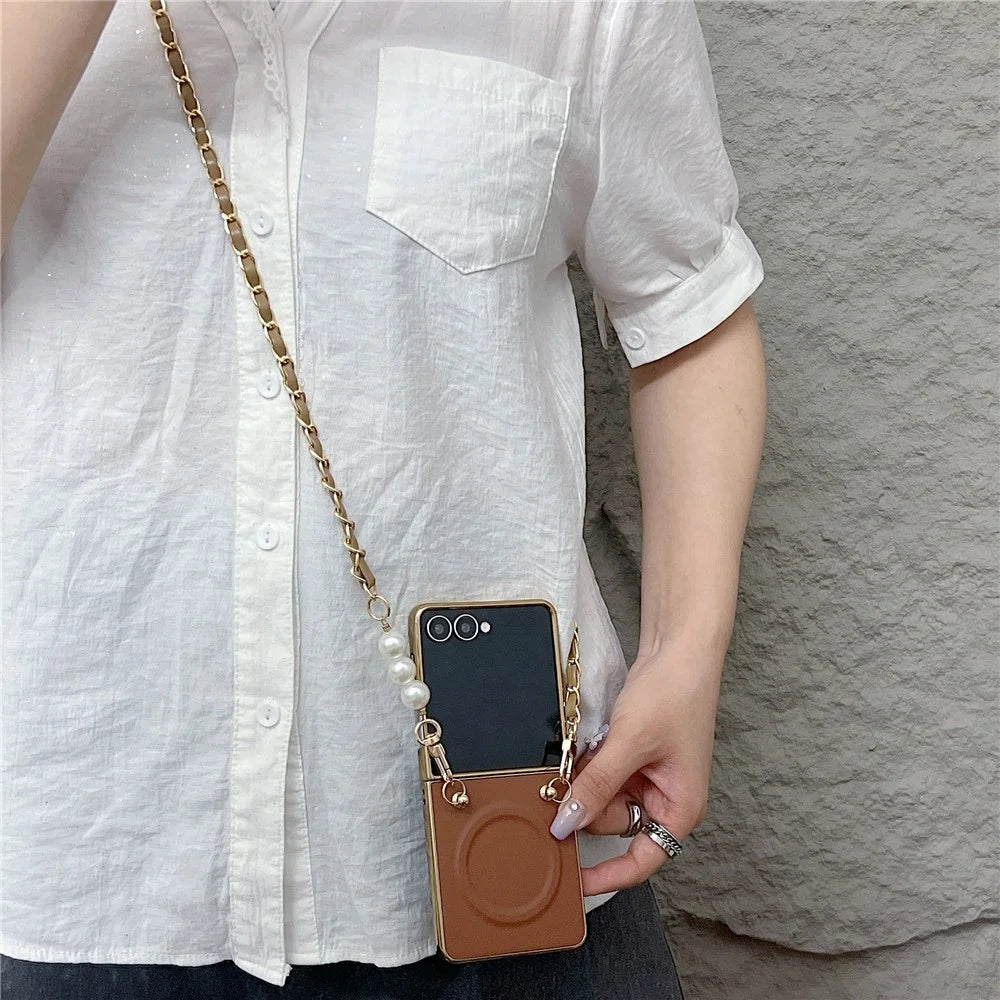 For Samsung Galaxy Z Flip7 5G Magnetic Case with Shoulder Strap Nappa Texture PU TPU PC Phone Back Cover - Brown - 3