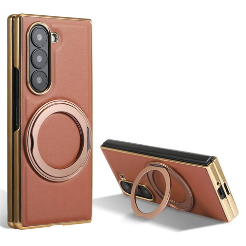 For Samsung Galaxy Z Fold7 5G Magnetic Case with Rotating Kickstand Nappa Texture PU TPU PC Phone Back Cover - Brown - 1
