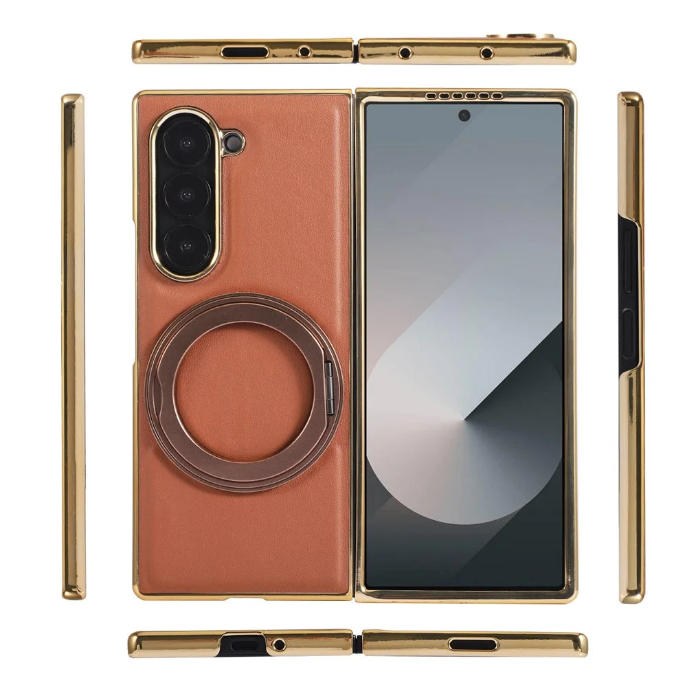For Samsung Galaxy Z Fold7 5G Magnetic Case with Rotating Kickstand Nappa Texture PU TPU PC Phone Back Cover - Brown - 2