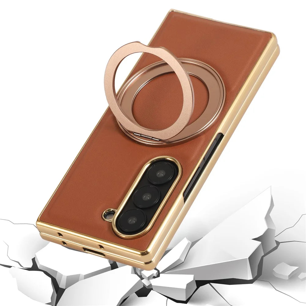 For Samsung Galaxy Z Fold7 5G Magnetic Case with Rotating Kickstand Nappa Texture PU TPU PC Phone Back Cover - Brown - 3