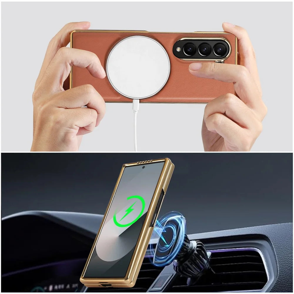 For Samsung Galaxy Z Fold7 5G Magnetic Case with Rotating Kickstand Nappa Texture PU TPU PC Phone Back Cover - Brown - 4