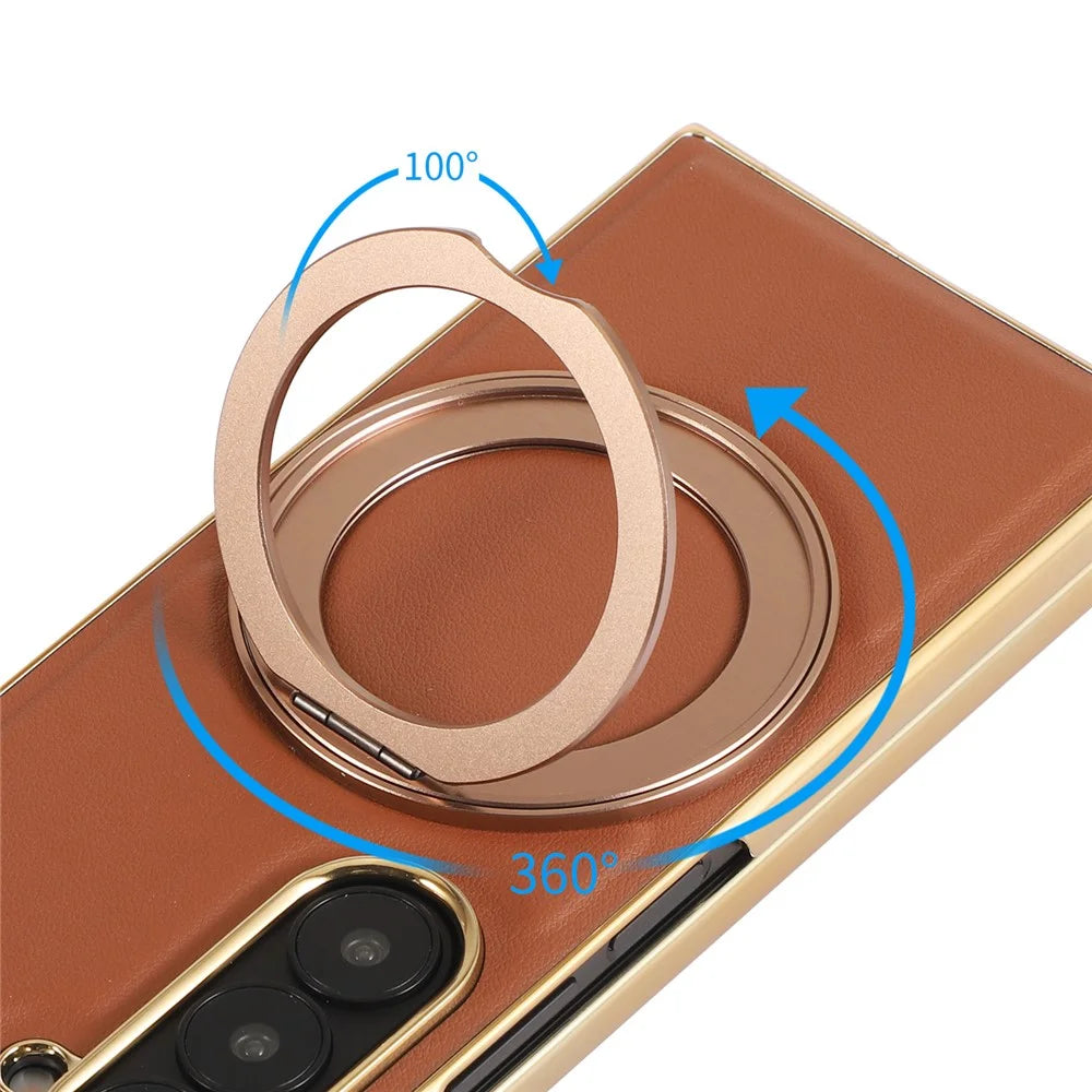For Samsung Galaxy Z Fold7 5G Magnetic Case with Rotating Kickstand Nappa Texture PU TPU PC Phone Back Cover - Brown - 5