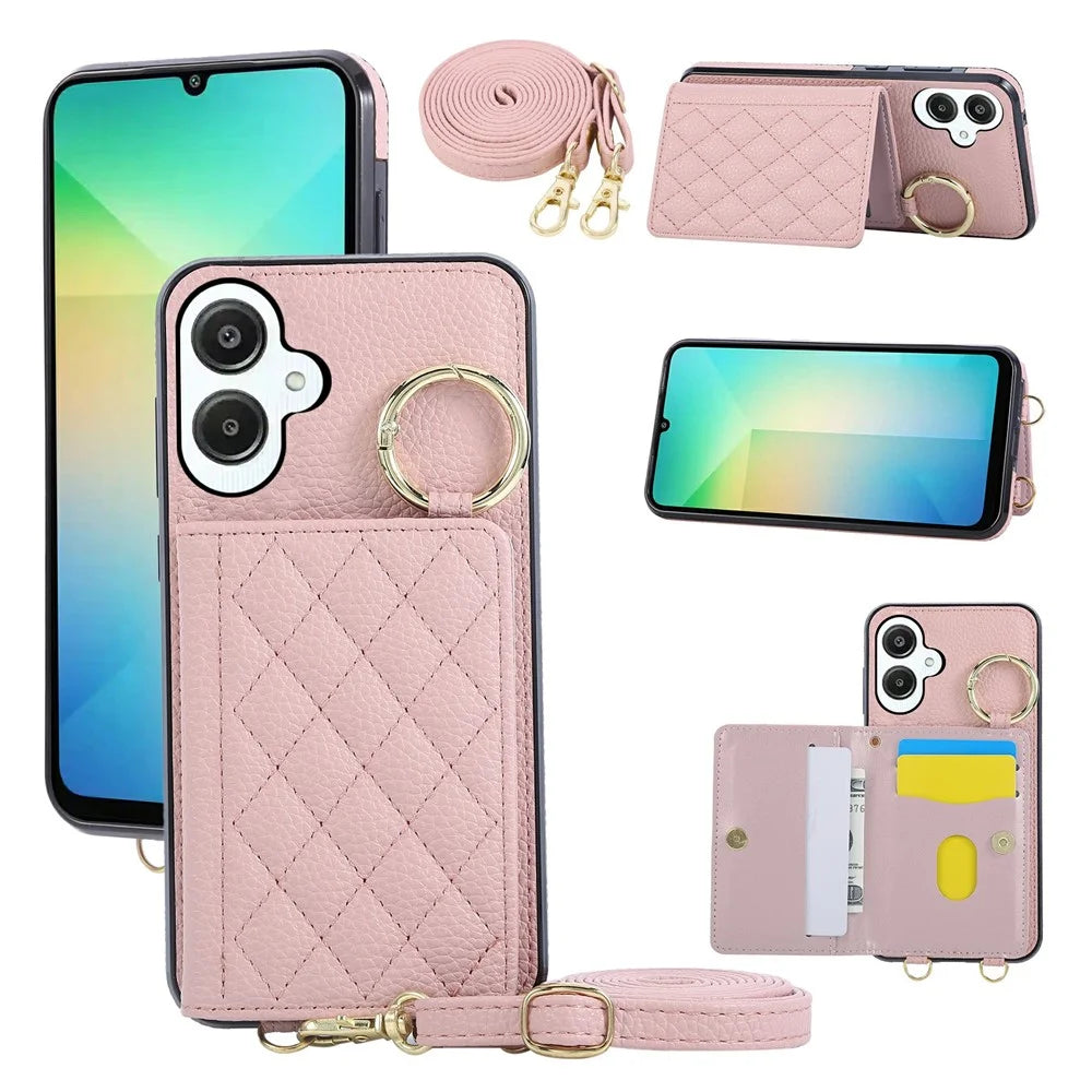For Samsung Galaxy A05 4G Case Kickstand Rhombus Leather + TPU Phone Cover with Shoulder Strap - Pink - 1
