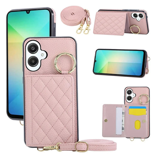 For Samsung Galaxy A05 4G Case Kickstand Rhombus Leather + TPU Phone Cover with Shoulder Strap - Pink - 1