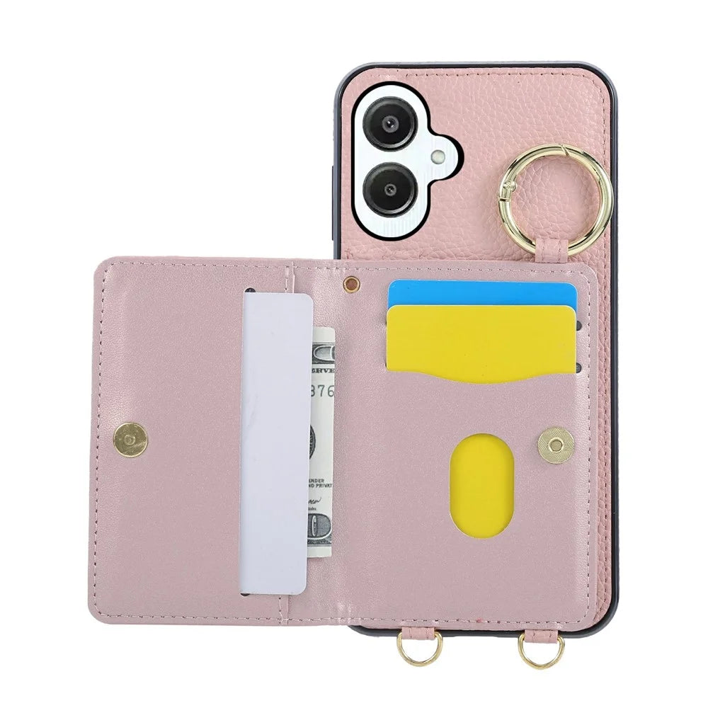 For Samsung Galaxy A05 4G Case Kickstand Rhombus Leather + TPU Phone Cover with Shoulder Strap - Pink - 2