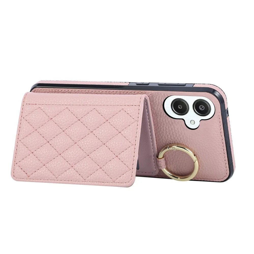 For Samsung Galaxy A05 4G Case Kickstand Rhombus Leather + TPU Phone Cover with Shoulder Strap - Pink - 3
