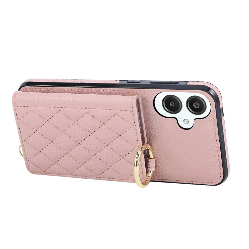 For Samsung Galaxy A05 4G Case Kickstand Rhombus Leather + TPU Phone Cover with Shoulder Strap - Pink - 4