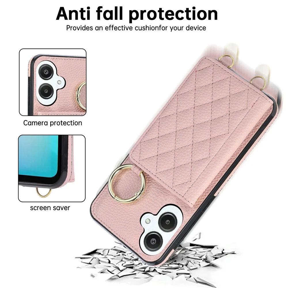 For Samsung Galaxy A05 4G Case Kickstand Rhombus Leather + TPU Phone Cover with Shoulder Strap - Pink - 7