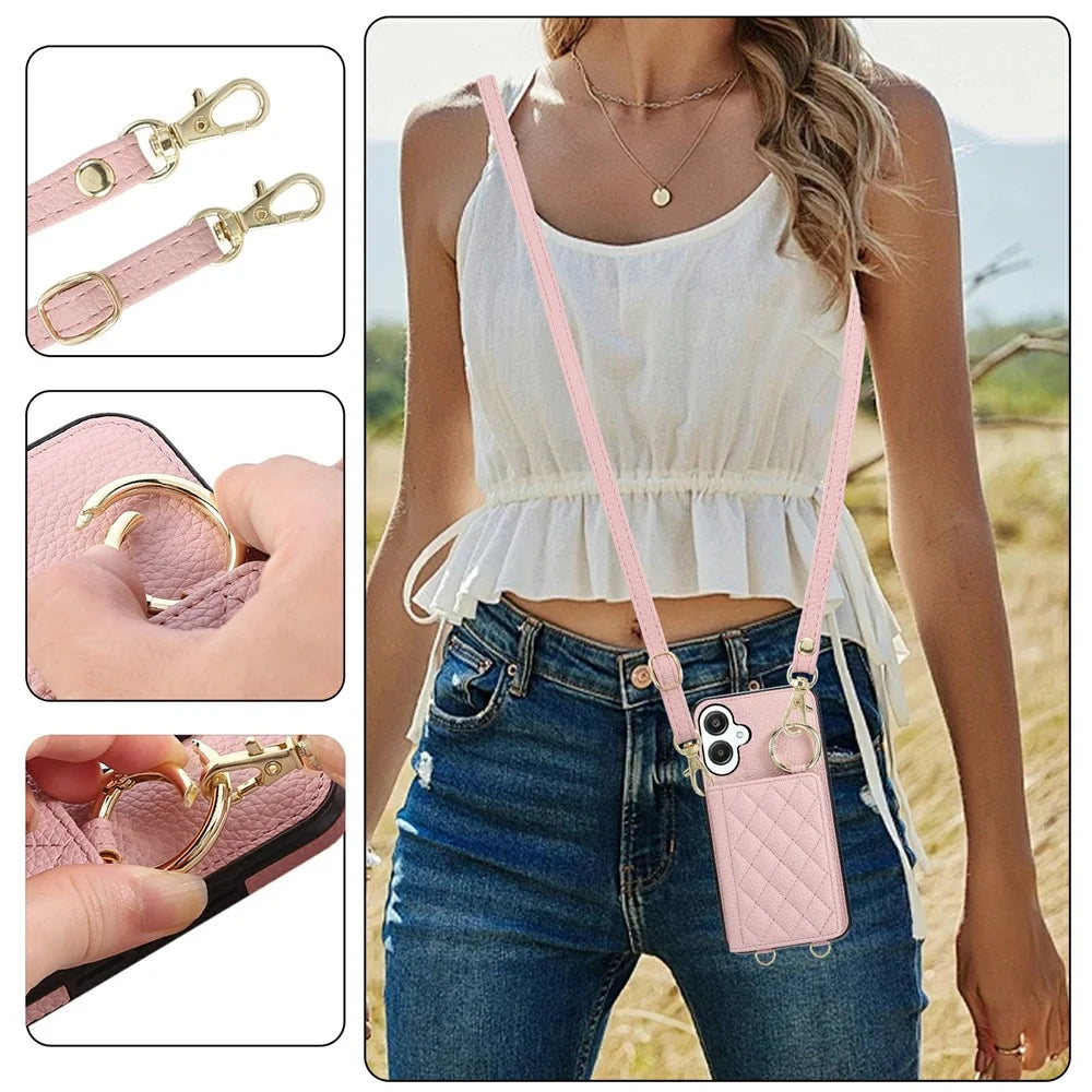 For Samsung Galaxy A08 5G / A08 4G / A07 4G / A06 4G / A06 5G Case Kickstand Rhombus Leather + TPU Phone Cover with Shoulder Strap - Pink - 6