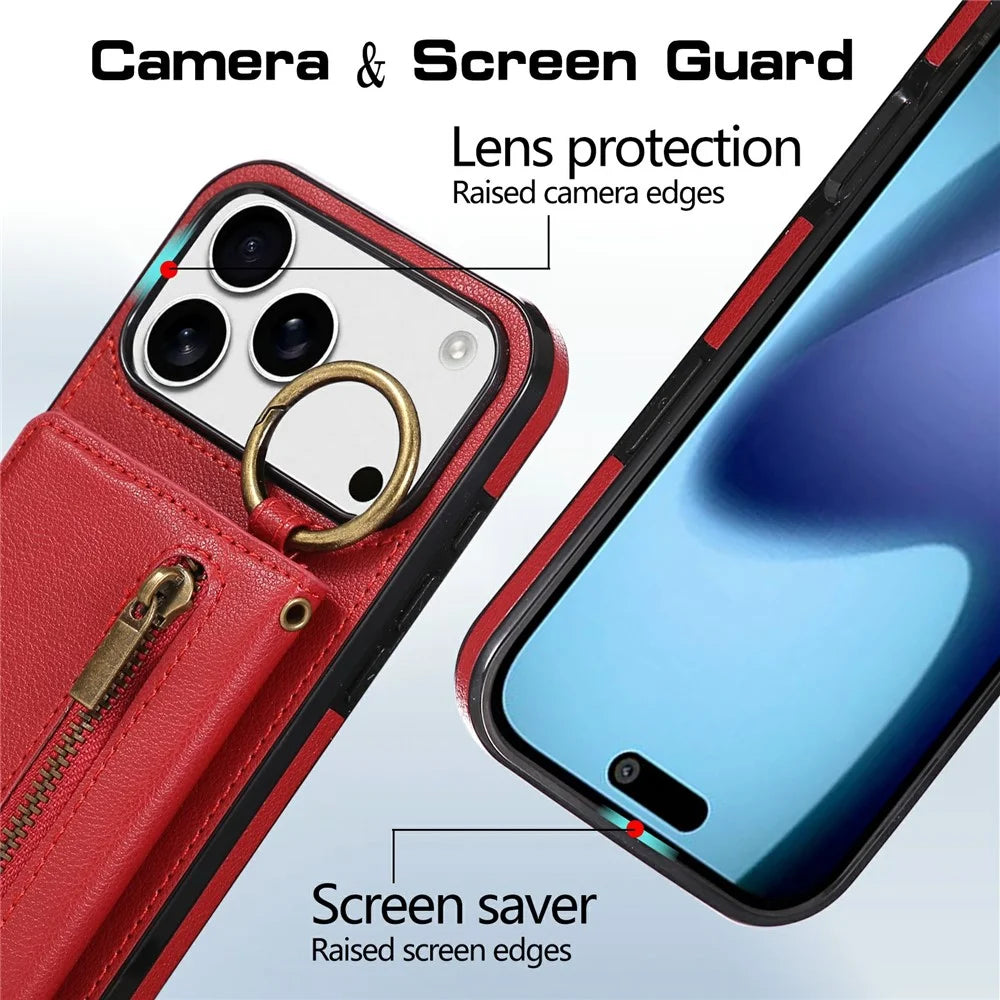 For iPhone 18 Pro Max / 17 Pro Max Leather Back Cover Zipper Wallet Kickstand Phone Case with Shoulder Strap - Red - 5