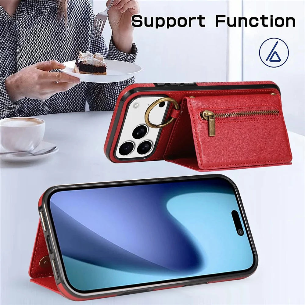 For iPhone 18 Pro Max / 17 Pro Max Leather Back Cover Zipper Wallet Kickstand Phone Case with Shoulder Strap - Red - 7