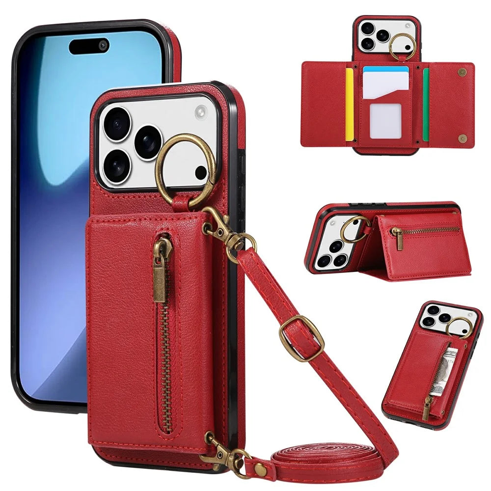 For iPhone 18 Pro / 17 Pro Leather Back Cover Zipper Wallet Kickstand Phone Case with Shoulder Strap - Red - 1