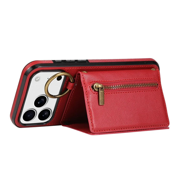 For iPhone 18 Pro / 17 Pro Leather Back Cover Zipper Wallet Kickstand Phone Case with Shoulder Strap - Red - 3