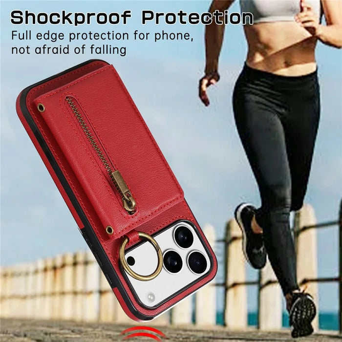 For iPhone 18 Pro / 17 Pro Leather Back Cover Zipper Wallet Kickstand Phone Case with Shoulder Strap - Red - 6