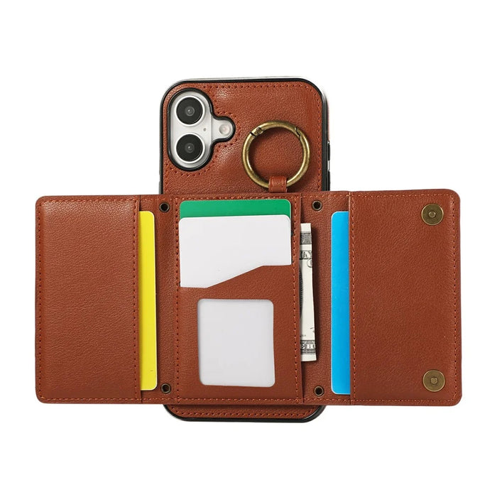 For iPhone 17 Leather Back Cover Zipper Wallet Kickstand Phone Case with Shoulder Strap - Brown - 2