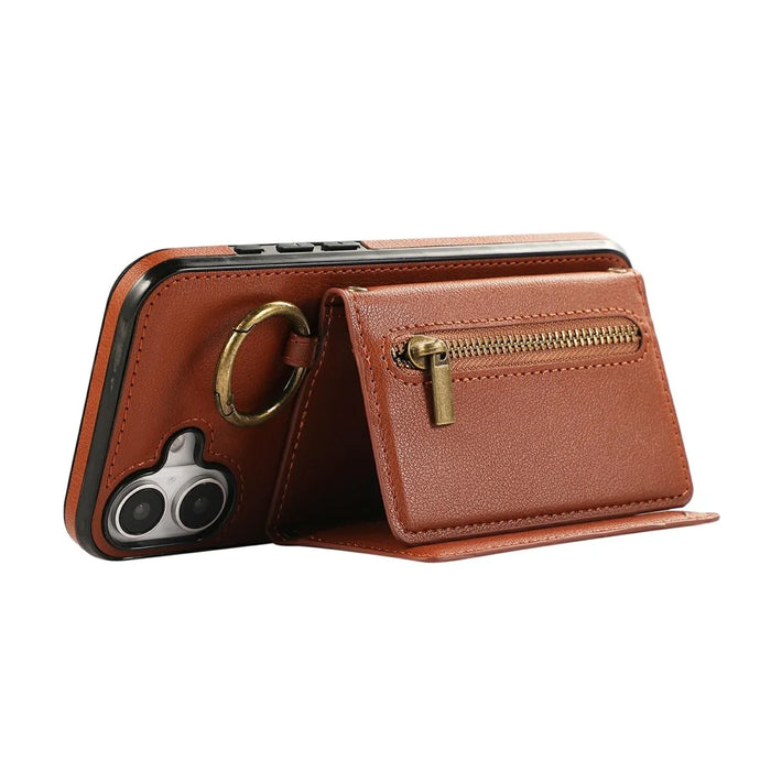 For iPhone 17 Leather Back Cover Zipper Wallet Kickstand Phone Case with Shoulder Strap - Brown - 4