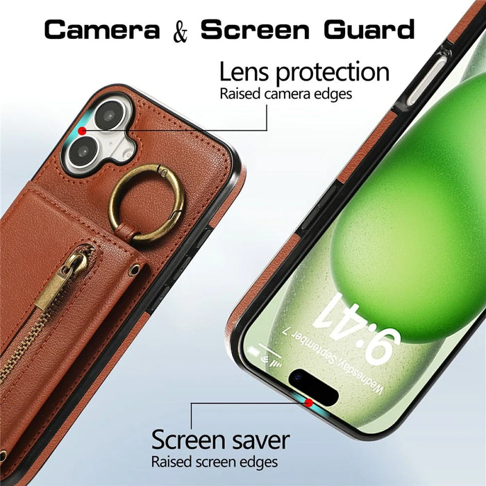 For iPhone 17 Leather Back Cover Zipper Wallet Kickstand Phone Case with Shoulder Strap - Brown - 5