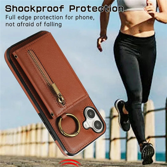 For iPhone 17 Leather Back Cover Zipper Wallet Kickstand Phone Case with Shoulder Strap - Brown - 6