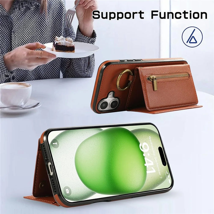 For iPhone 17 Leather Back Cover Zipper Wallet Kickstand Phone Case with Shoulder Strap - Brown - 7