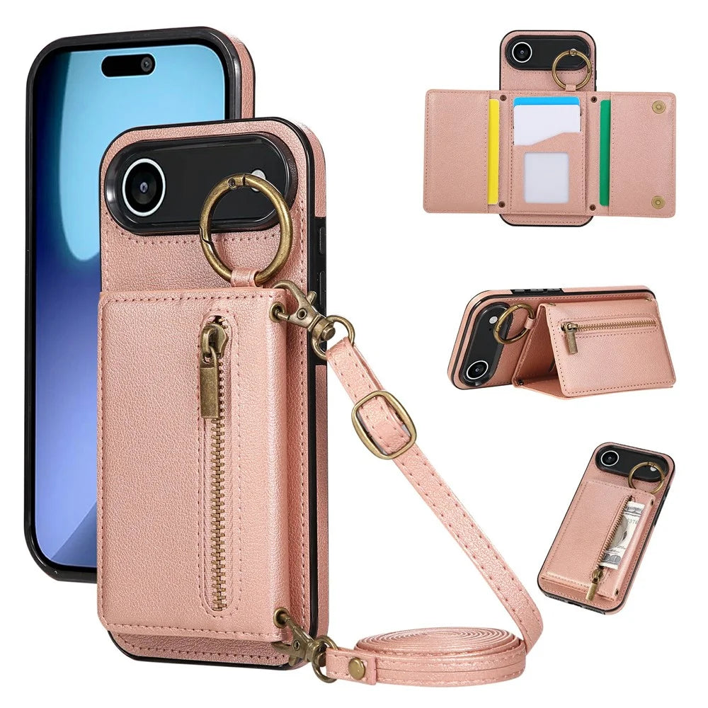For iPhone Air Leather Back Cover Zipper Wallet Kickstand Phone Case with Shoulder Strap - Pink - 1