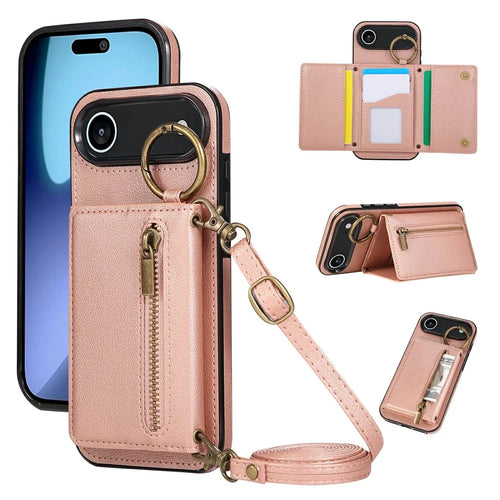 For iPhone Air Leather Back Cover Zipper Wallet Kickstand Phone Case with Shoulder Strap - Pink - 1