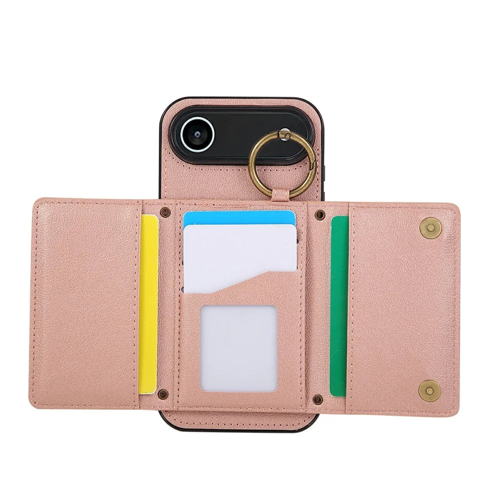 For iPhone Air Leather Back Cover Zipper Wallet Kickstand Phone Case with Shoulder Strap - Pink - 2