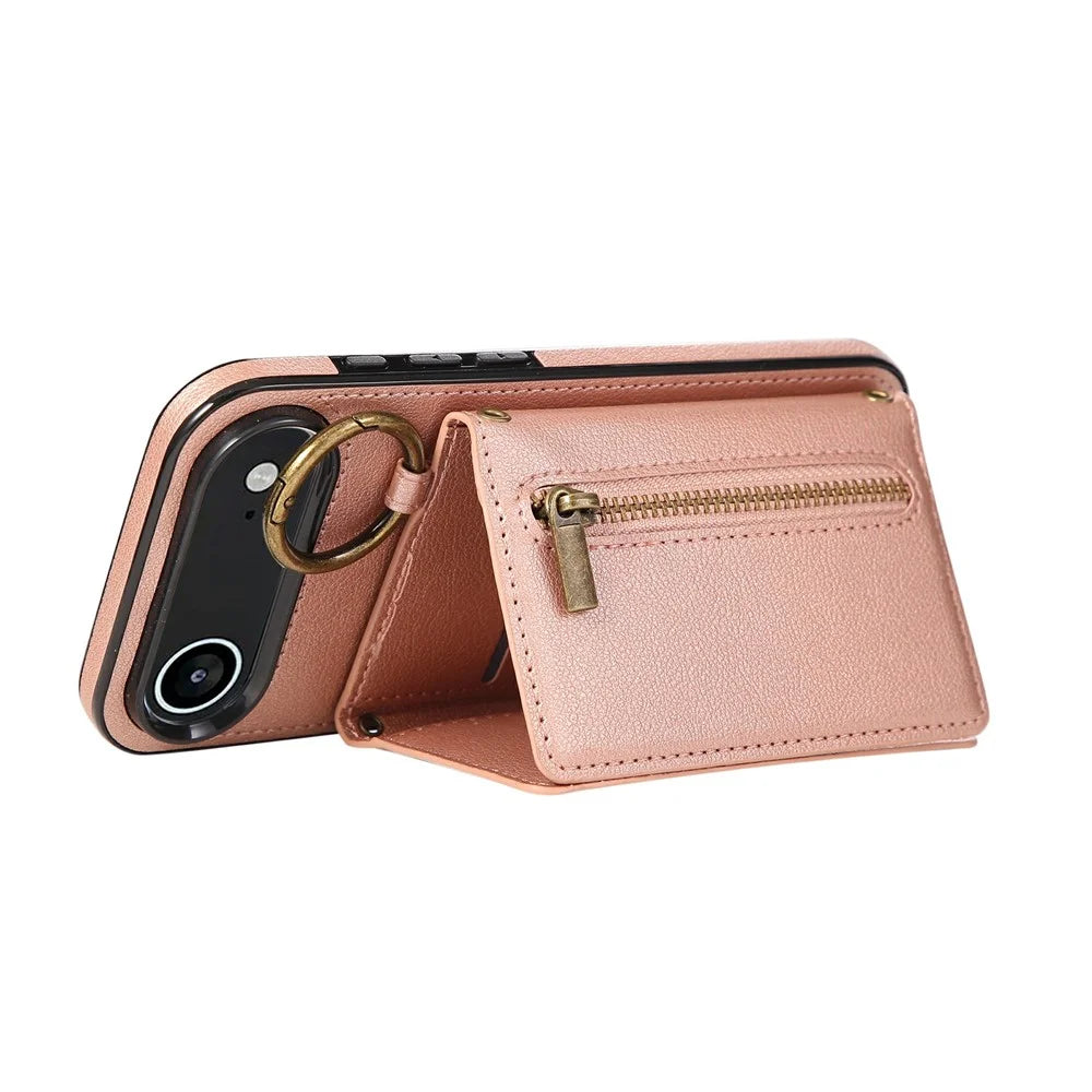 For iPhone Air Leather Back Cover Zipper Wallet Kickstand Phone Case with Shoulder Strap - Pink - 4