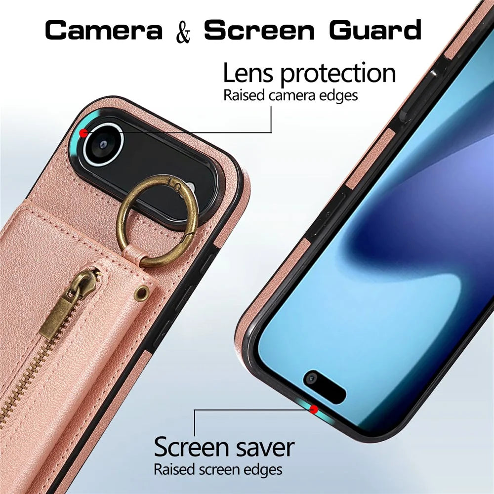 For iPhone Air Leather Back Cover Zipper Wallet Kickstand Phone Case with Shoulder Strap - Pink - 5